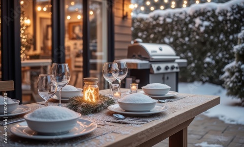 Winter outdoor dining setup with snow photo