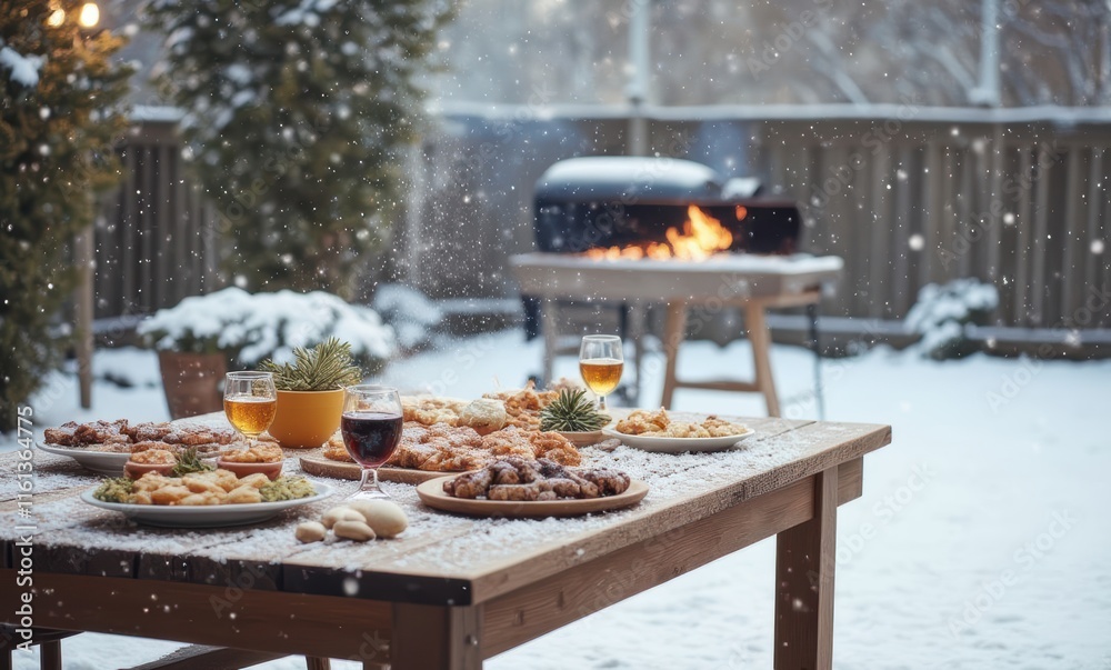 Winter outdoor feast with assorted dishes. Winter outdoor feast with assorted dishes.