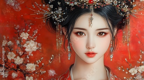 Elegant Tang Dynasty Palace Courtesan Adorned with Ornate Hairpieces and Bejeweled Accessories