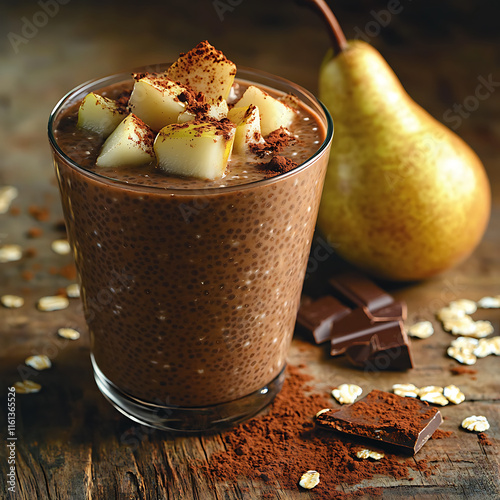 Creamy cho te chia pudding topped with pear and cocoa, surrounded by oats and cho te pieces, offers delicious and healthy dessert option photo