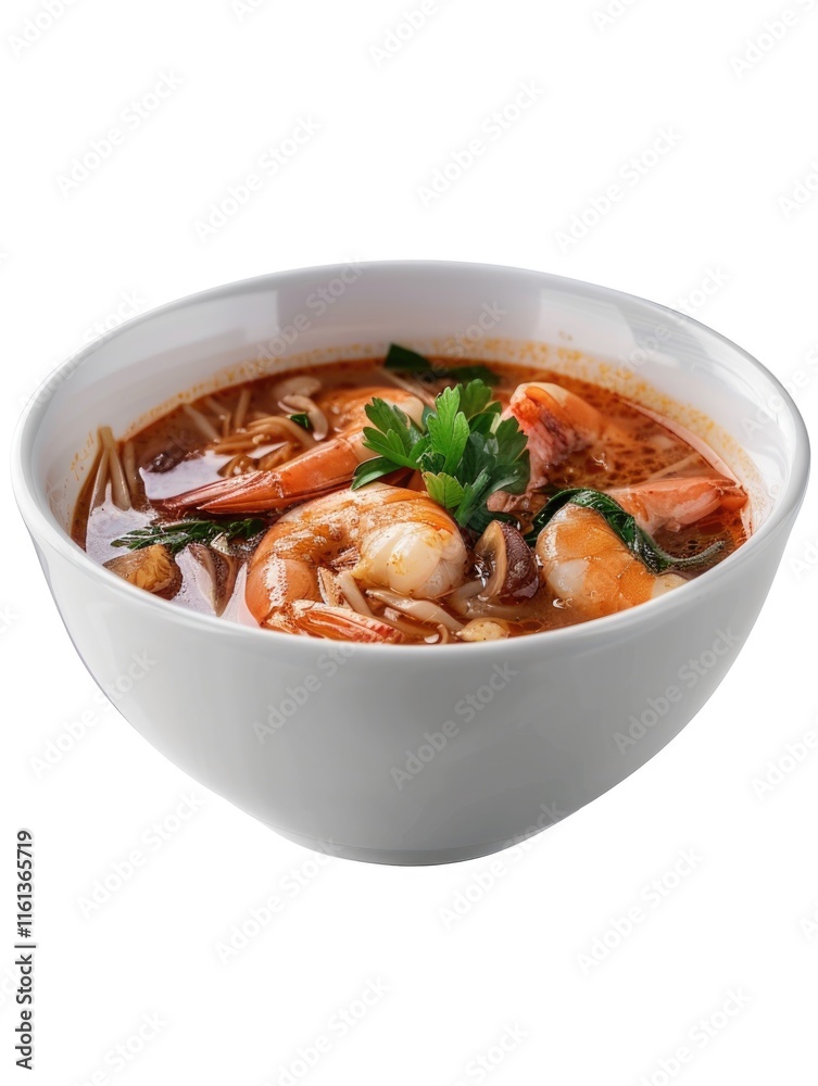 A hearty bowl of shrimp noodle soup with vibrant green leaves garnishing the top. A spicy, comforting dish that combines elements of Asian and Indian cuisine. A hearty bowl of shrimp noodle soup with vibrant green leaves garnishing the top. A spicy, comforting dish that combines elements of Asian and Indian cuisine.