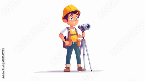 Professional civil engineer using theodolite in cartoon character illustration