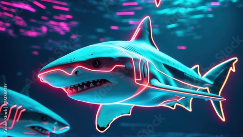 Futuristic Neon Sharks in Vibrant Underwater Scene photo