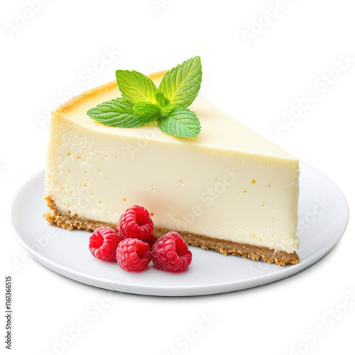 Piece of cheesecake with raspberries and mint isolated on transparent background