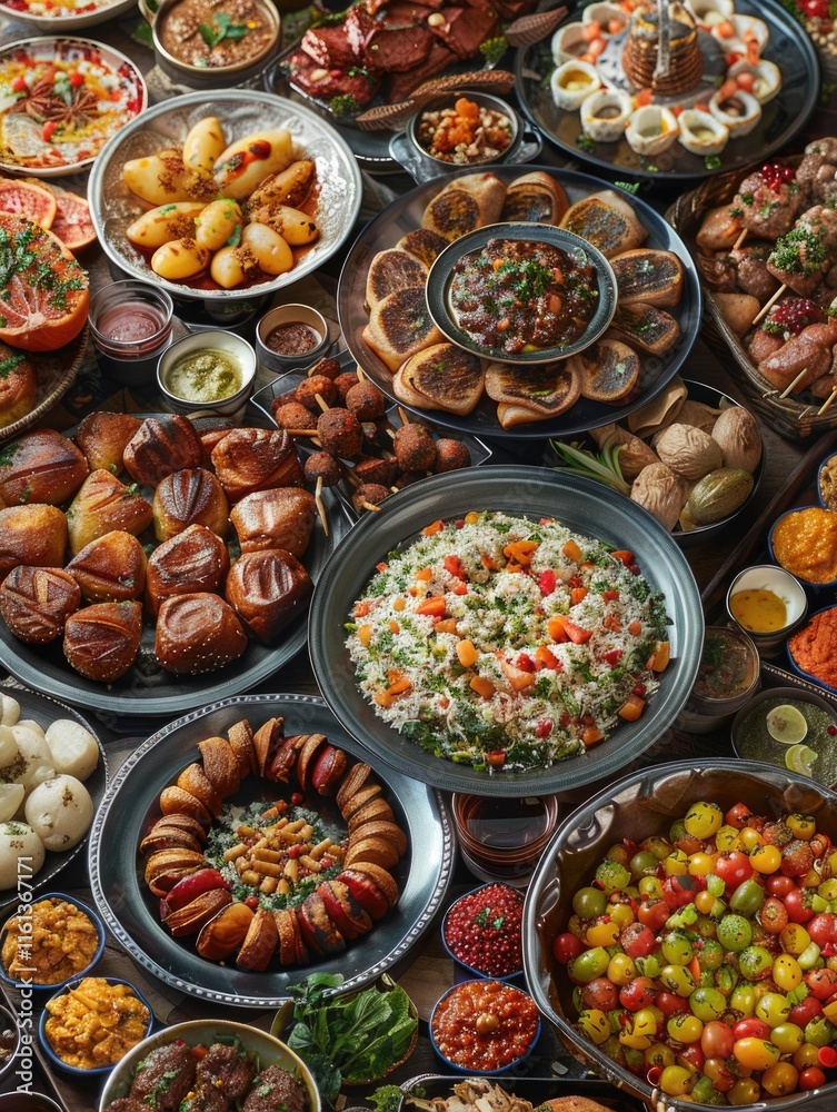 Fototapeta premium Colorful array of food dishes, appetizers and dips from the Mediterranean cuisine. Perfect for social gatherings and cocktail parties.