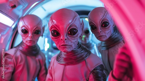 Fototapeta Naklejka Na Ścianę i Meble -  Group of out of space aliens posing inside their space ship ready to get out of the ship to invade planet earth	
