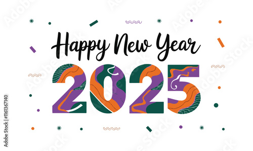 Modern vector-style design featuring 'Happy New Year 2025' in a playful theme, easily editable.