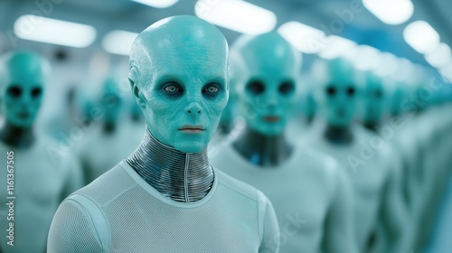 Fototapeta Naklejka Na Ścianę i Meble -  Group of out of space aliens posing inside their space ship ready to get out of the ship to invade planet earth	
