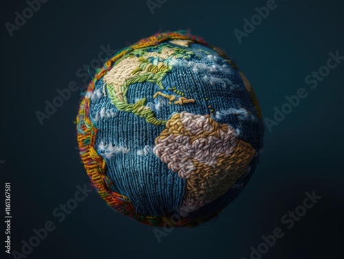 Fototapeta Naklejka Na Ścianę i Meble -  An intricately embroidered globe on a dark background, showcasing a handcrafted representation of Earth's continents and oceans with patchwork quilting techniques.
