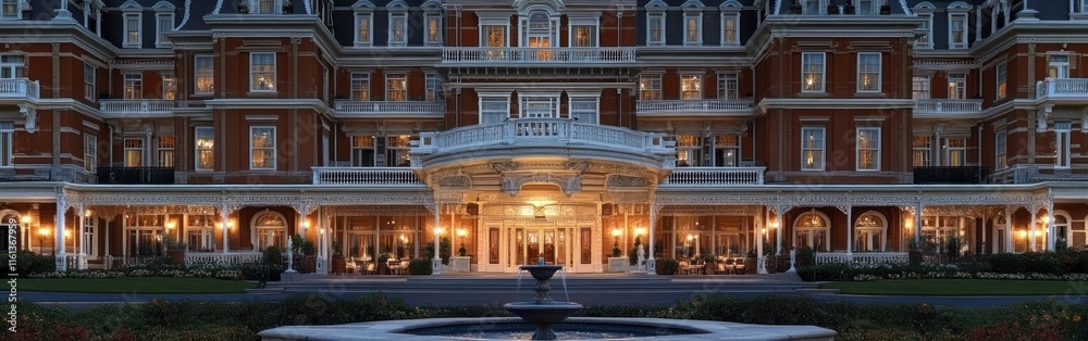 Grand hotel boasts an ornate entrance and fountain, highlighting exquisite architecture at twilight Grand hotel boasts an ornate entrance and fountain, highlighting exquisite architecture at twilight