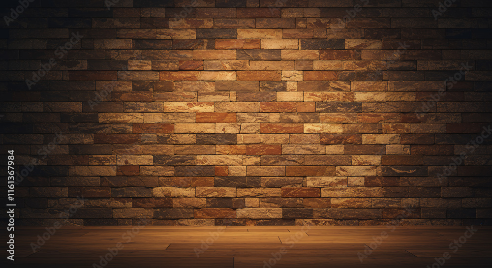 Warmly Lit Rustic Stone Brick Wall with Wooden Floor Background Warmly Lit Rustic Stone Brick Wall with Wooden Floor Background