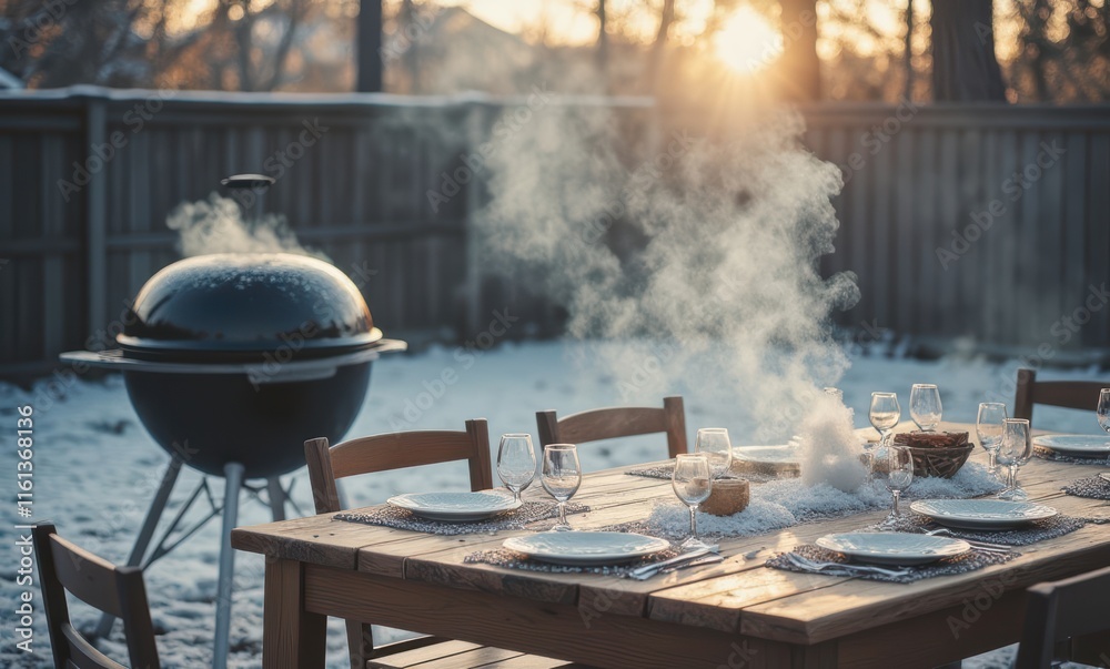 Winter barbecue setup at sunset Winter barbecue setup at sunset