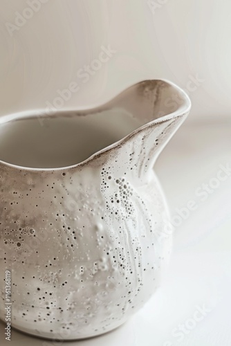 White ceramic pitcher with a white base and a white handle sits on a white surface. The pitcher has a unique texture and design, with a few spots of color adding visual interest photo