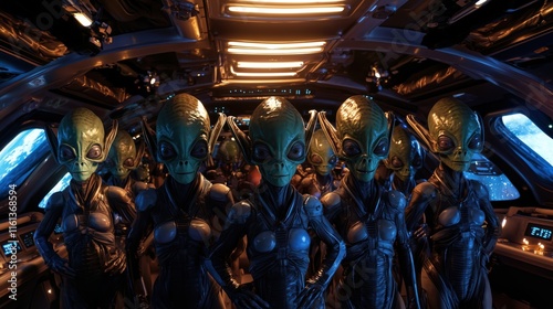 Fototapeta Naklejka Na Ścianę i Meble -  Group of out of space aliens posing inside their space ship ready to get out of the ship to invade planet earth	