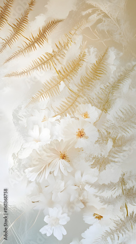 Abstract background featuring a close-up of delicate white flowers and ferns creating a soft, ethereal texture with subtle pastel hues