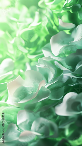 Abstract background featuring soft layered green and white textures creating a calming and serene atmosphere with a hint of depth and fluidity