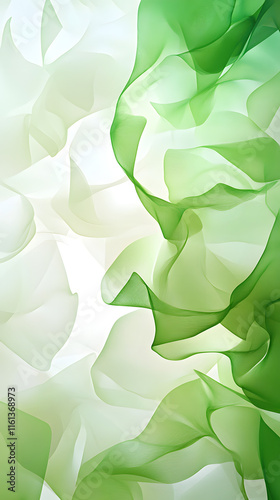 Abstract background featuring soft layers of green and white flowing forms creating a serene and tranquil atmosphere with a sense of depth and movement