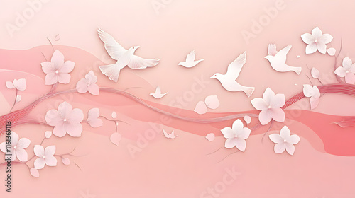 Abstract background featuring delicate paper-cut illustrations of birds and flowers in soft pink tones, evoking a serene and artistic atmosphere