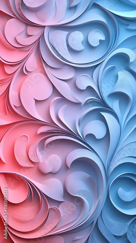 Abstract background featuring swirling embossed shapes in shades of red and blue, creating a dynamic and elegant visual with fluid movement and depth