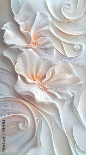 Elegant embossed flowers in soft pastel tones create a serene abstract background featuring flowing textures and gentle curves