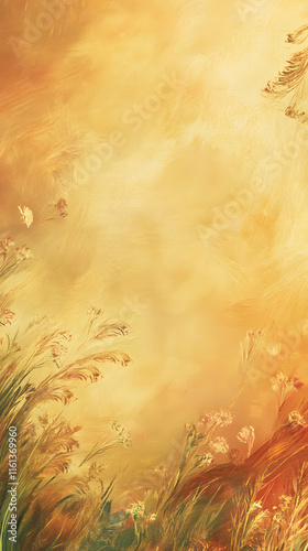 Abstract background features swirling textures in warm shades of orange and soft floral elements, creating a dreamy, serene atmosphere