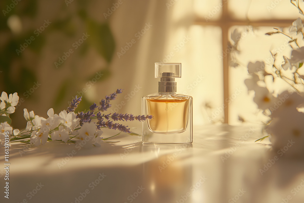 A close-up of a minimalist style perfume bottle surrounded by delicate white flowers and lavender, bathed in warm, soft sunlight creating an inviting atmosphere A close-up of a minimalist style perfume bottle surrounded by delicate white flowers and lavender, bathed in warm, soft sunlight creating an inviting atmosphere