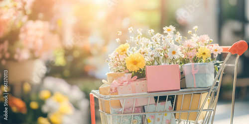 A shopping cart filled with colorful gift boxes and vibrant flowers showcases a joyful atmosphere perfect for celebrations and special occasions