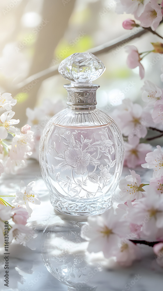 Elegant glass perfume bottle adorned with floral designs surrounded by delicate cherry blossoms in soft natural light creating a serene and feminine atmosphere Elegant glass perfume bottle adorned with floral designs surrounded by delicate cherry blossoms in soft natural light creating a serene and feminine atmosphere