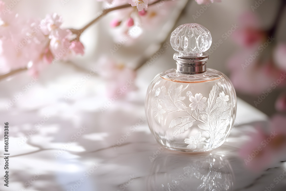 Elegant close-up of a clear glass perfume bottle adorned with floral engravings, surrounded by delicate cherry blossom branches in soft sunlight Elegant close-up of a clear glass perfume bottle adorned with floral engravings, surrounded by delicate cherry blossom branches in soft sunlight