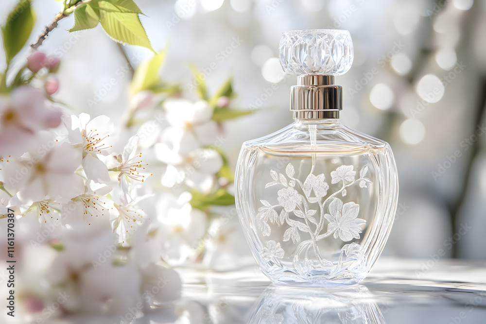 an elegant close-up of a glass perfume bottle adorned with floral engravings sparkling in soft natural light surrounded by delicate cherry blossom flowers an elegant close-up of a glass perfume bottle adorned with floral engravings sparkling in soft natural light surrounded by delicate cherry blossom flowers