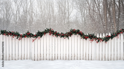 Snowy Winter Wonderland  White Picket Fence with Festive Garland