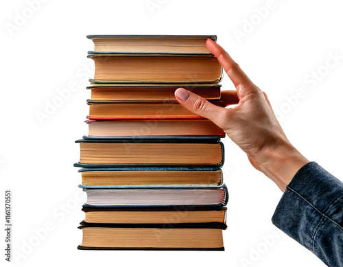 hand holding stack of books; isolated on transparent background