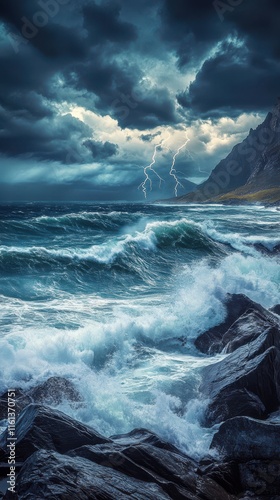 A dramatic coastal scene showcasing wild waves crashing against dark rocks under a stormy sky with lightning illuminating the landscape in the distance.