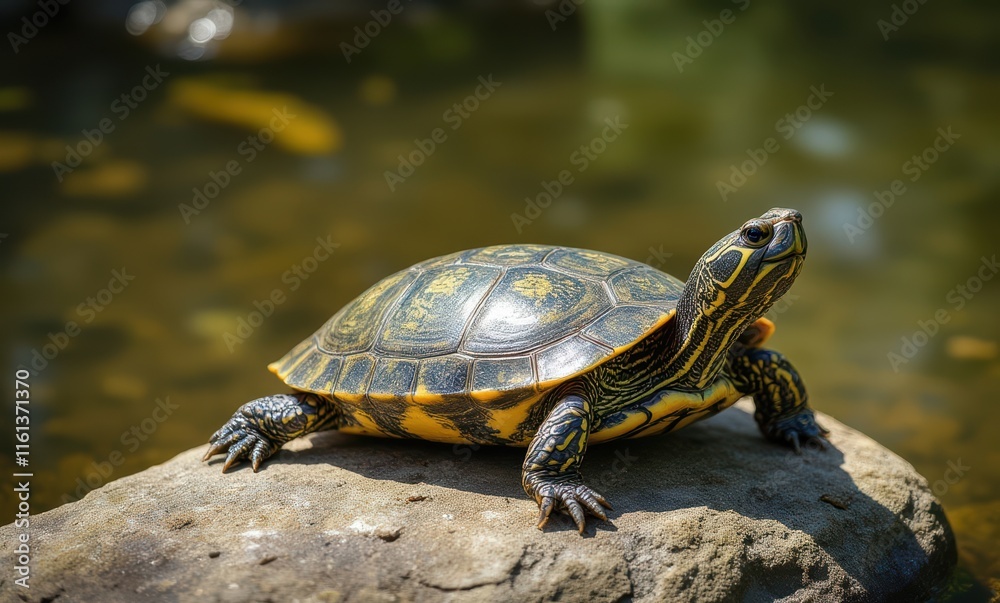Colorful turtle basking by the water. Colorful turtle basking by the water.