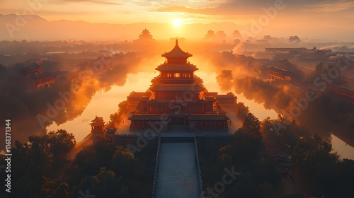 Majestic sunrise over the ancient capital of Chang an a breathtaking aerial view of the fortified city and its iconic temples