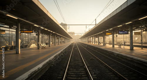 Golden Hour at the Train Station Platform: Empty Tracks and Serene Sunrise