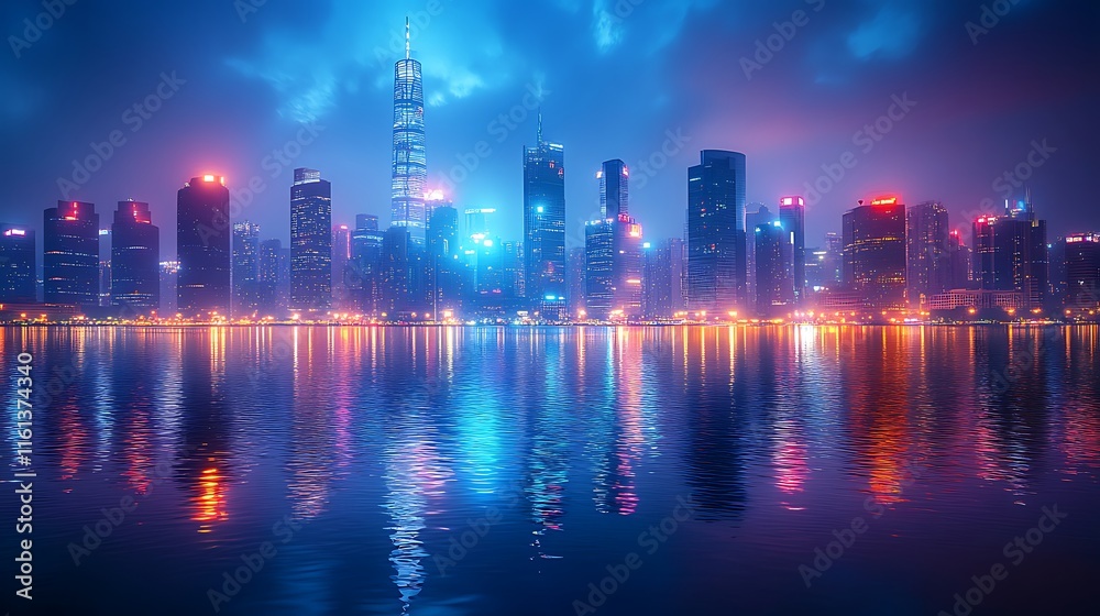 Fototapeta premium Vibrant Showcasing Modern City Skyline With Beautiful Reflections on Night Background