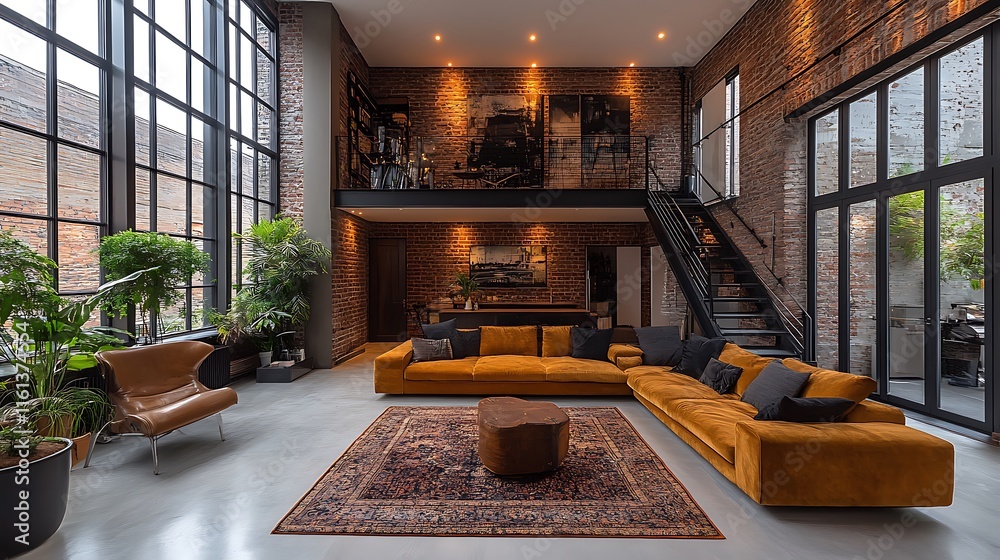 Vibrant Showcasing Modern Industrial Loft Interior With Sophisticated Leather Background Vibrant Showcasing Modern Industrial Loft Interior With Sophisticated Leather Background