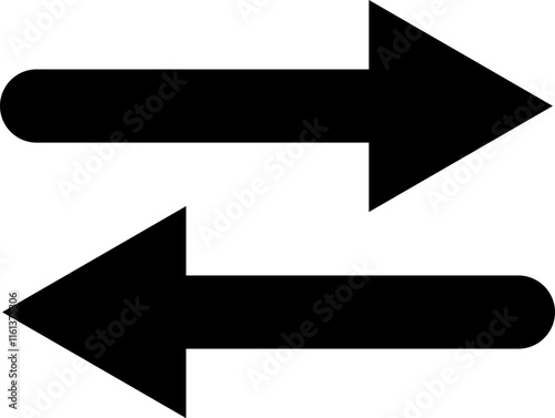 Two thick black arrows are pointing in opposite directions, one to the right and one to the left, on a clean white background, symbolizing decision making, choices, or opposing forces