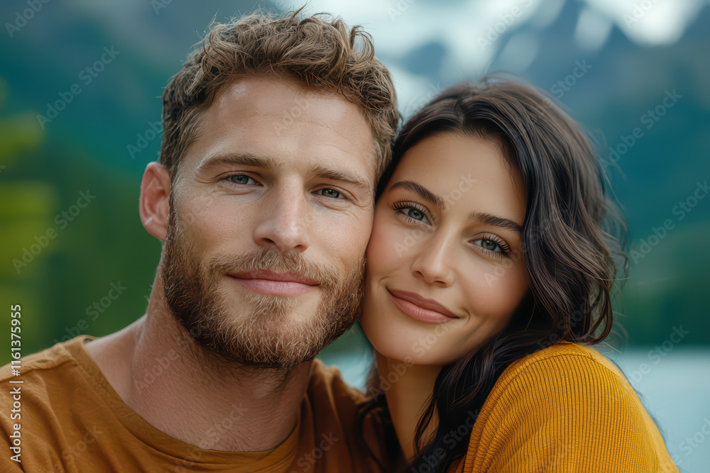 couple enjoying serene moment tog er, smiling in nature beauty. Their connection radiates warmth and happiness amidst stunning landscape couple enjoying serene moment tog er, smiling in nature beauty. Their connection radiates warmth and happiness amidst stunning landscape