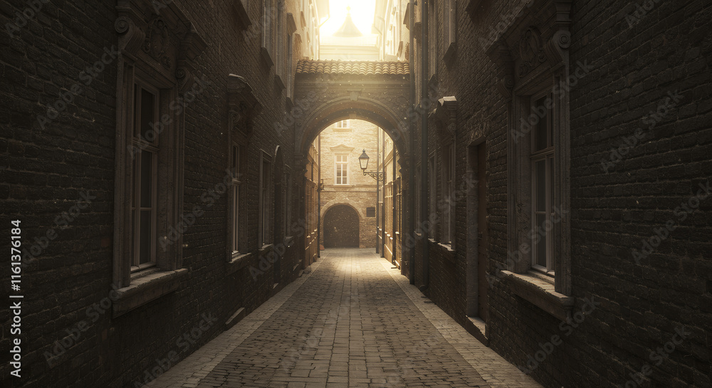 Fototapeta premium Sunlit Cobblestone Alleyway in Historic European City