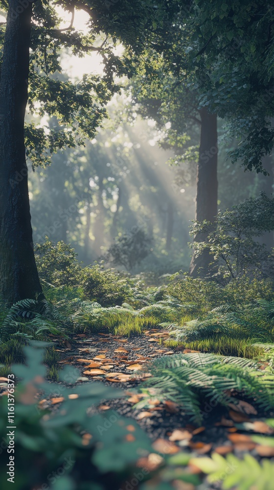 Fototapeta premium A serene forest path illuminated by gentle sunlight. The lush greenery and soft shadows create a peaceful atmosphere, ideal for a nature escape or peaceful retreat.