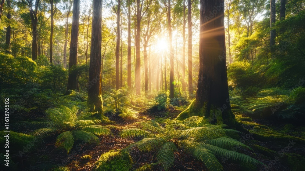 Naklejka premium A tranquil forest scene with sunlight streaming through tall trees, creating a serene atmosphere and illuminating lush greenery and ferns on the forest floor.