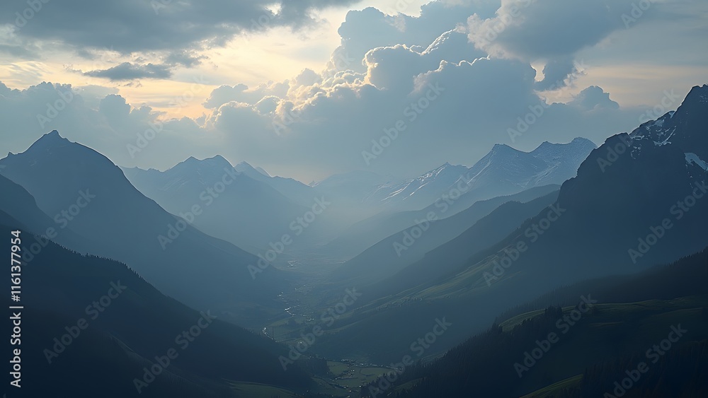 Majestic European Alps Sunset, Panoramic View of Mountains, Valleys, and Cityscape at Dusk Majestic European Alps Sunset, Panoramic View of Mountains, Valleys, and Cityscape at Dusk