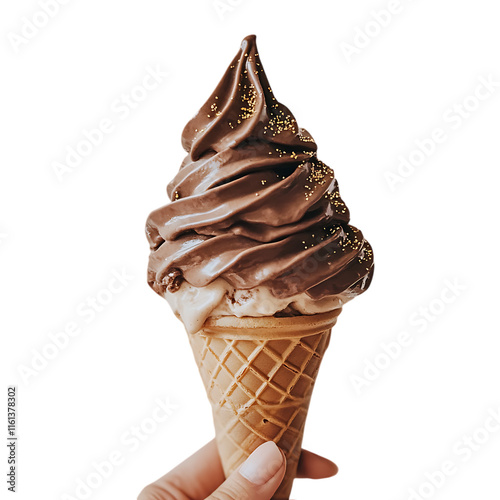 Delicious chocolate ice cream cone displayed on a simple white background, showcasing the rich and creamy swirl of ice cream for a tempting visual