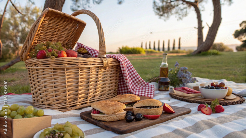 Charming picnic setup featuring arayes, fruits, and snacks under gentle sunlight in a serene outdoor location Charming picnic setup featuring arayes, fruits, and snacks under gentle sunlight in a serene outdoor location