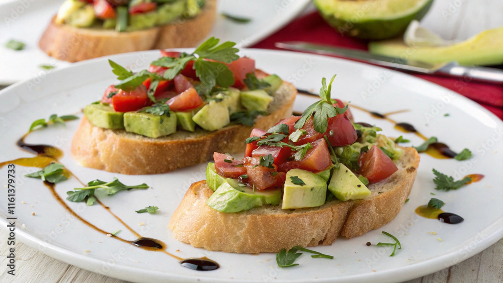 Delightful salad served on toasted bread with fresh vegetables and herbs Delightful salad served on toasted bread with fresh vegetables and herbs