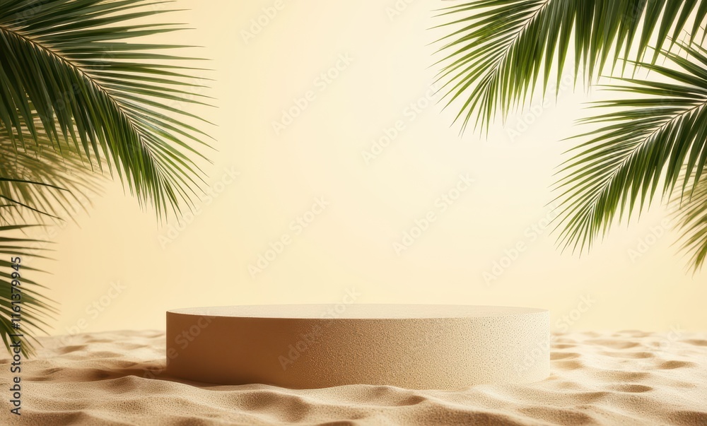 Sandy platform framed by palm leaves Sandy platform framed by palm leaves
