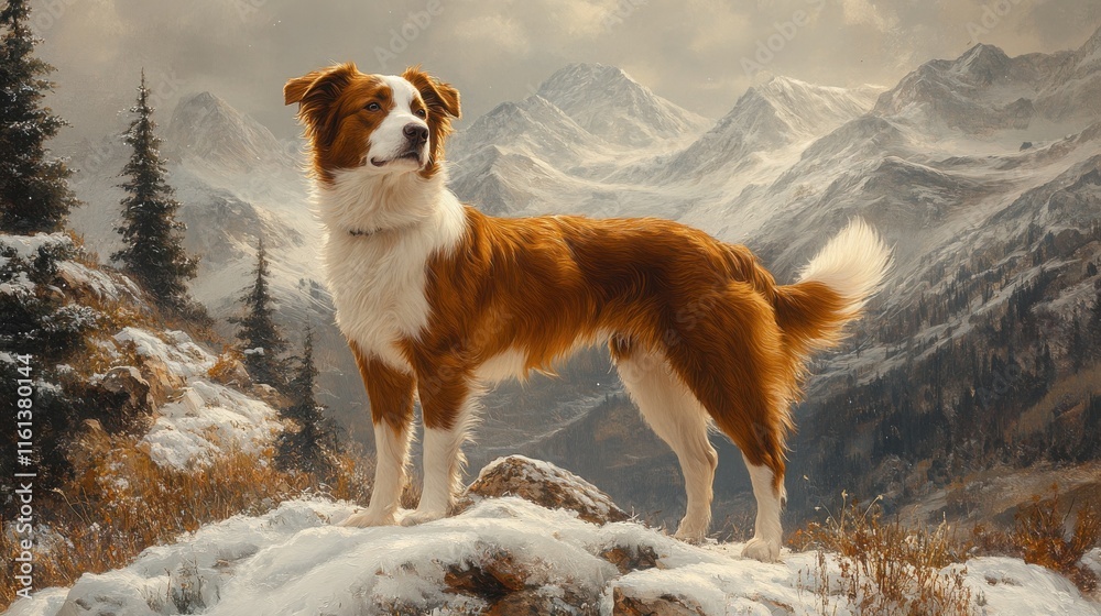 A majestic red and white border collie stands proudly atop a snowy mountain peak, overlooking a breathtaking winter landscape. The dog's fur looks thick and warm against the cold backdrop.