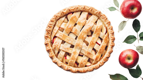 Freshly baked apple pie with a golden crust and sliced apples peeking through, placed on a clean white background